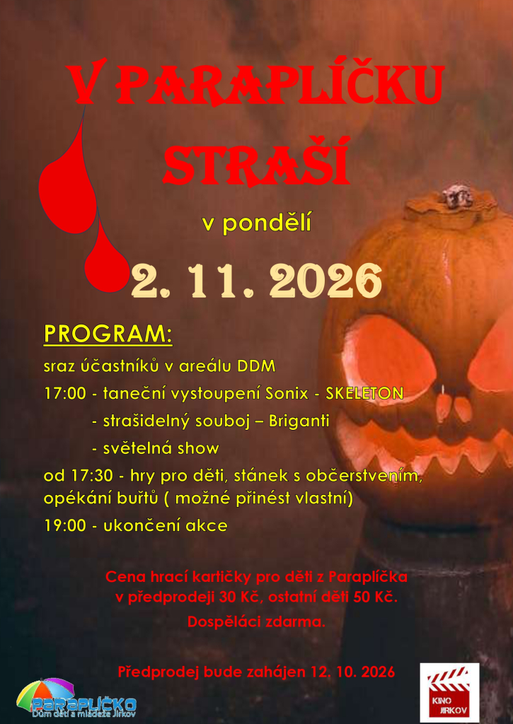 V pondělí 2.11.2026 zase v Paraplíčku straší! Máme zase připravený skvělý program.